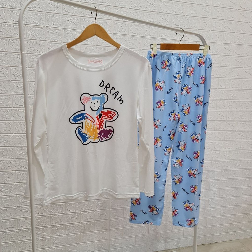 3537 kaos pajamas long dream bear one set import big baju tidur