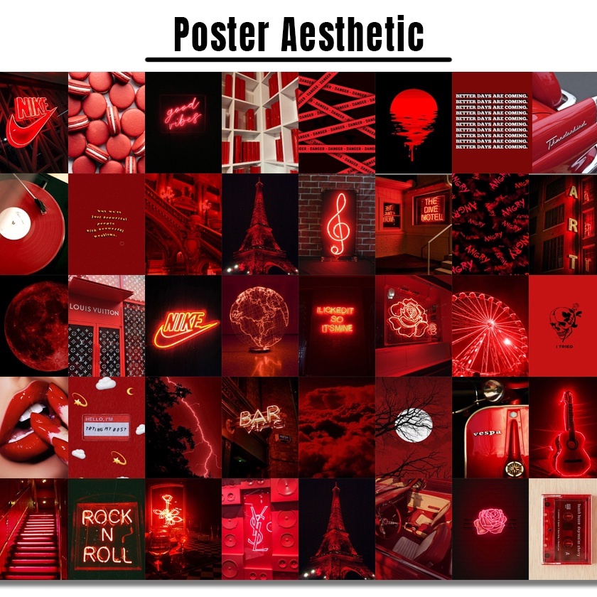 Poster Dinding Aesthetic | Poster Aesthetic | Isi 48 Poster | Collage Kit | Aesthetic Wallposter | Poster murah |  art wall |  poster band retro vintage black blue red purple brown avengers softblue | Viral poster-red isi 48 A6