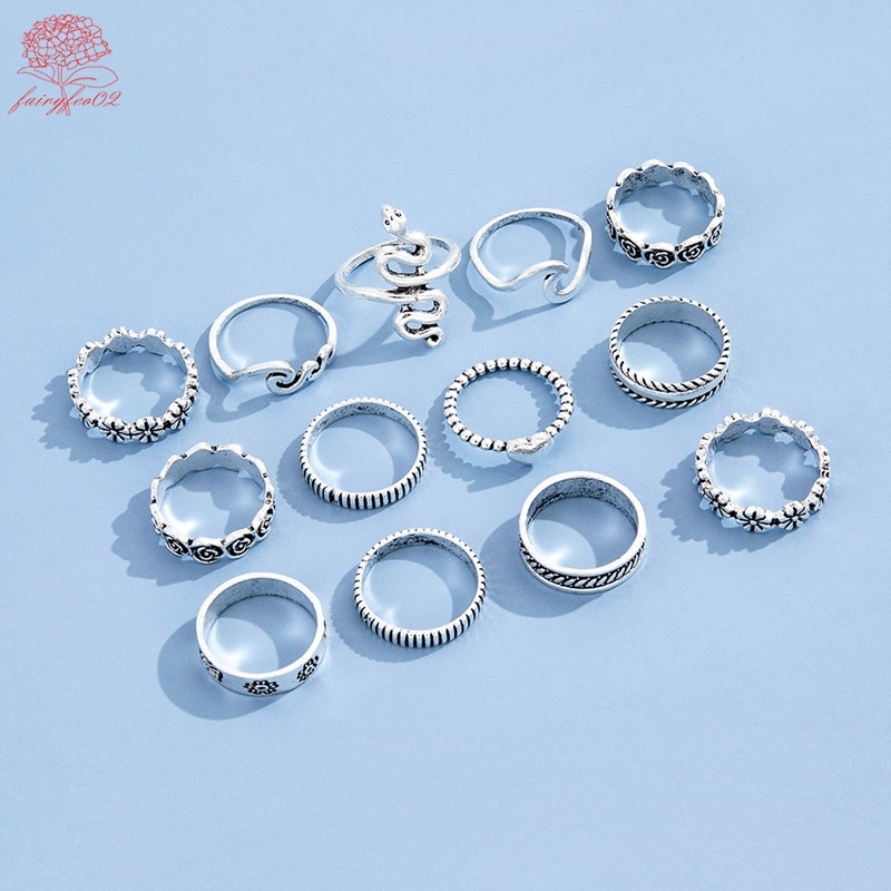 13pcs / set Cincin silver Bentuk Ular / Bunga / Gelombang Gaya Vintage Untuk Wanita