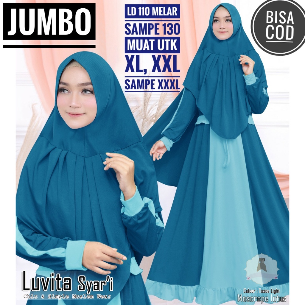 Gamis Jumbo Salira Syari Big Size XXXL LD 110-140 Polos Plus Kerudung Tebal Adem