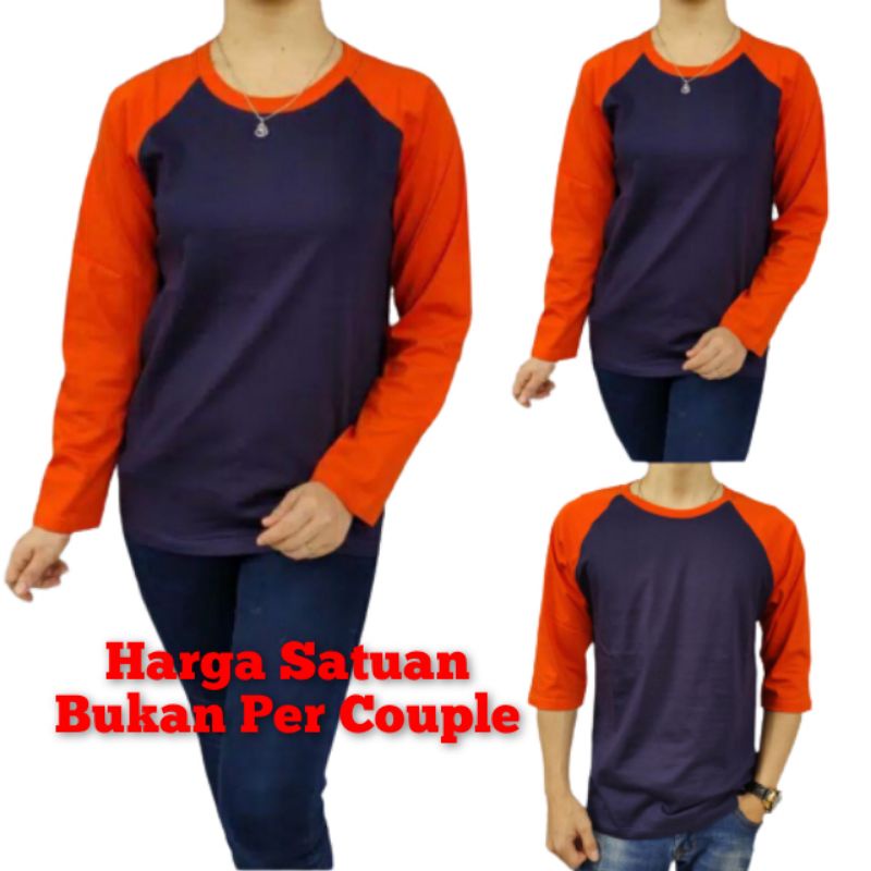 Kaos Polos Pria Wanita Kaos Raglan NAVY-OREN Lengan Panjang Dewasa Ukuran M L XL XXL