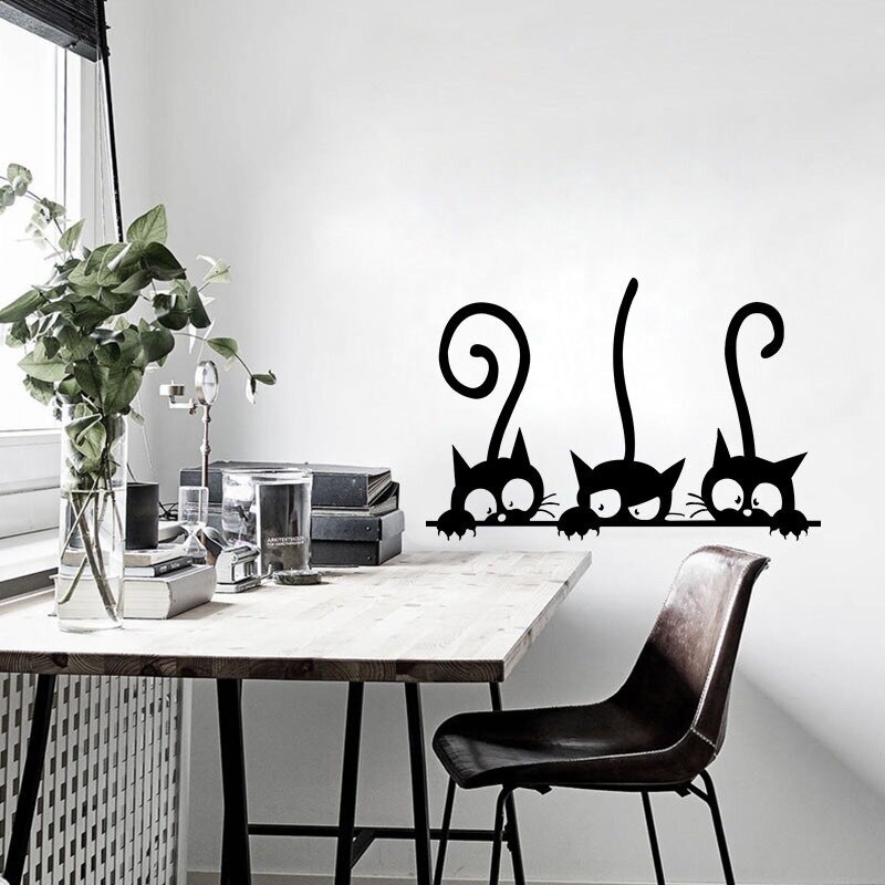 Stiker Dinding Bahan Vinyl Tahan Air Gambar Kucing Warna Hitam Untuk Dekorasi Rumah