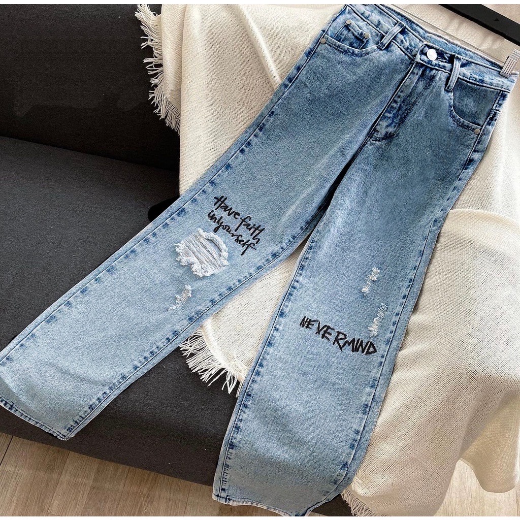 TRIVELA - Celana Jeans Highwaist Loose Sobek Lutut Bordir Nevermind / HW Loose Boyfriend BORDIR