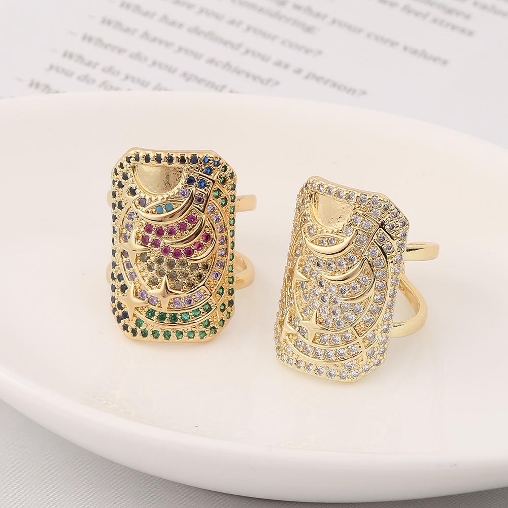 Ornamen tembaga lebar warna emas 18K zirkon cincin pria dan wanita pembukaan adjustable Cincin