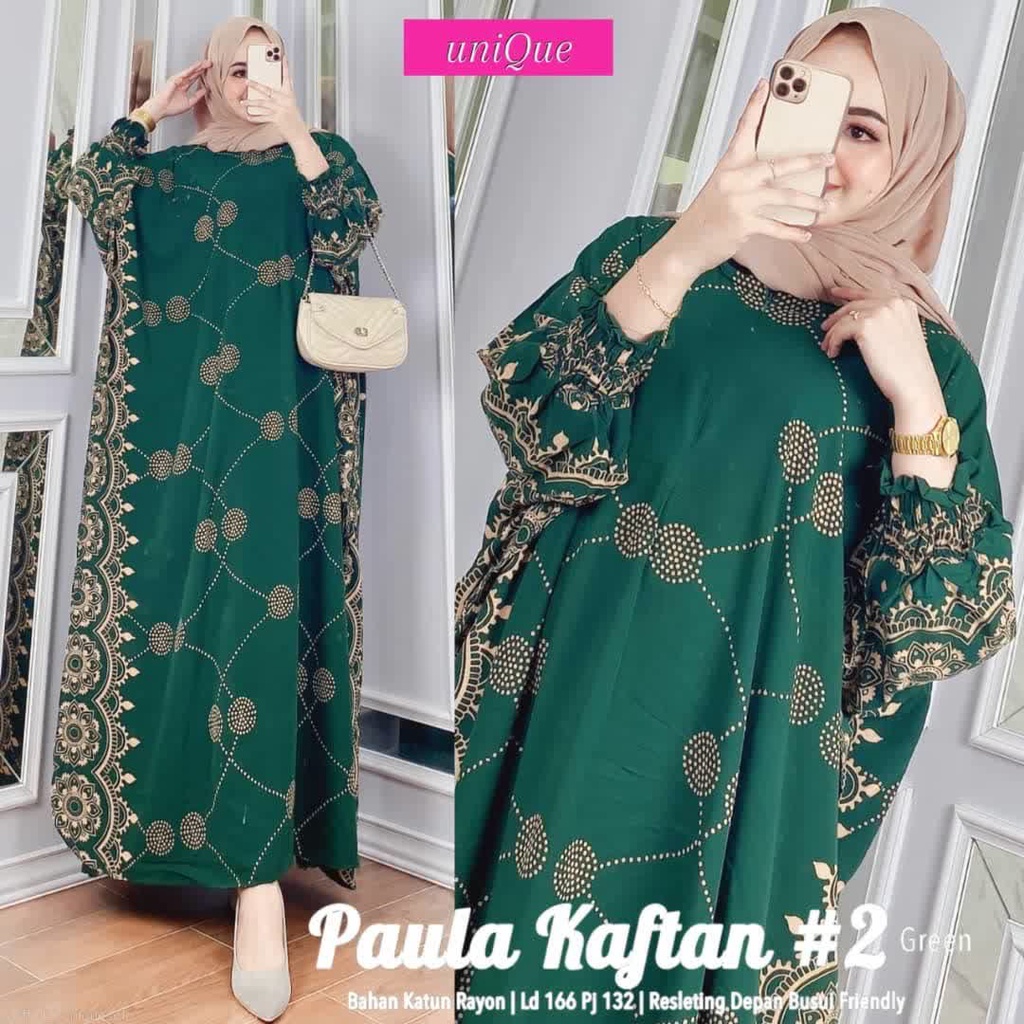 Paula Kaftan Wanita Super Jumbo XXXL Busui Resleting Lengan Panjang 7/8 Motif Sultan Rayon Tebal / Gamis Kaftan