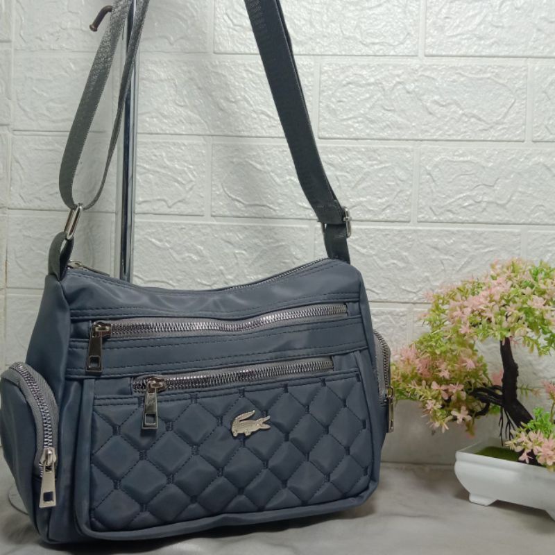 Tas selempang wanita resleting 5 bordir nilon super kekinian slingbag korea