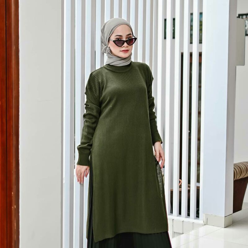 KARENINA TUNIK RAJUT / Karenina Long Tunik / Baju Muslim / Elysa midi dress / Rajut Tunik Premium / Sweater Wanita / Long tunik rajut Karenina Slit / Fashion Wanita / Rajut-Army