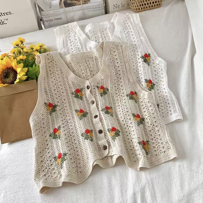 Korean Outer Crochet Vest / Atasan Rompi Rajut Wanita Import Motif Rangkayan Bunga Best Seller