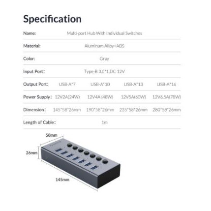 Usb 3.0 hub orico 7 port aluminum on off switch bc1.2 5Gbps adapter bt2u3-7ab - Terminal usb3.0 7 slot saklar adaptor