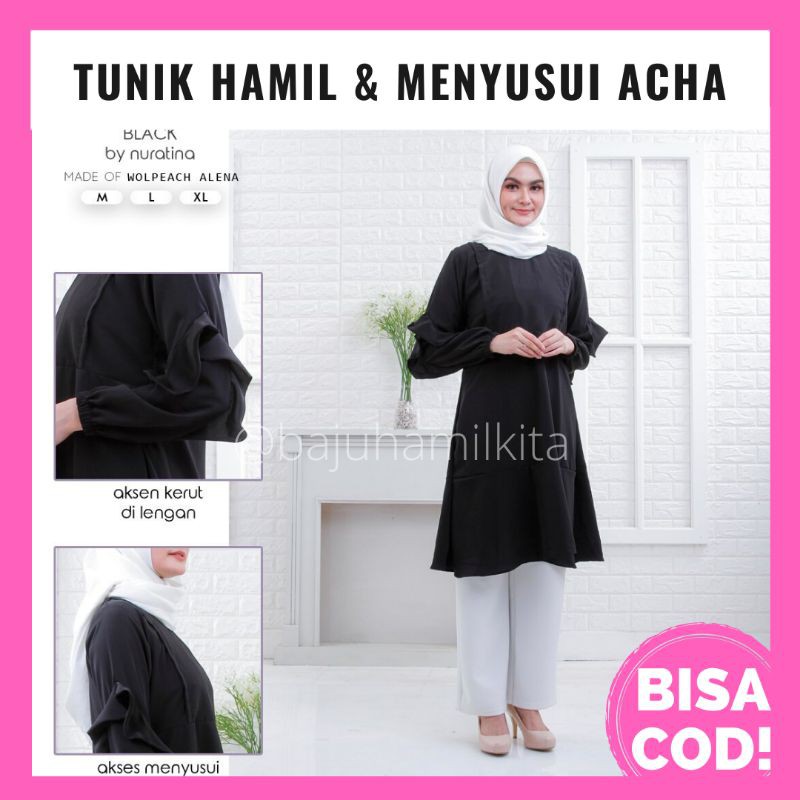 (BISA COD) Tunik Atasan Hamil Menyusui Baju Hamil Menyusui Kantor Kerja Casual Acha Hitam Lengan Pjg