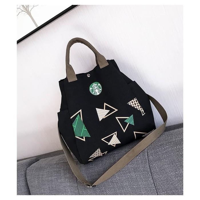 Starbucks tas kanvas versi Korea dengan nasi tote bag Tas canvas BLAC - Putih