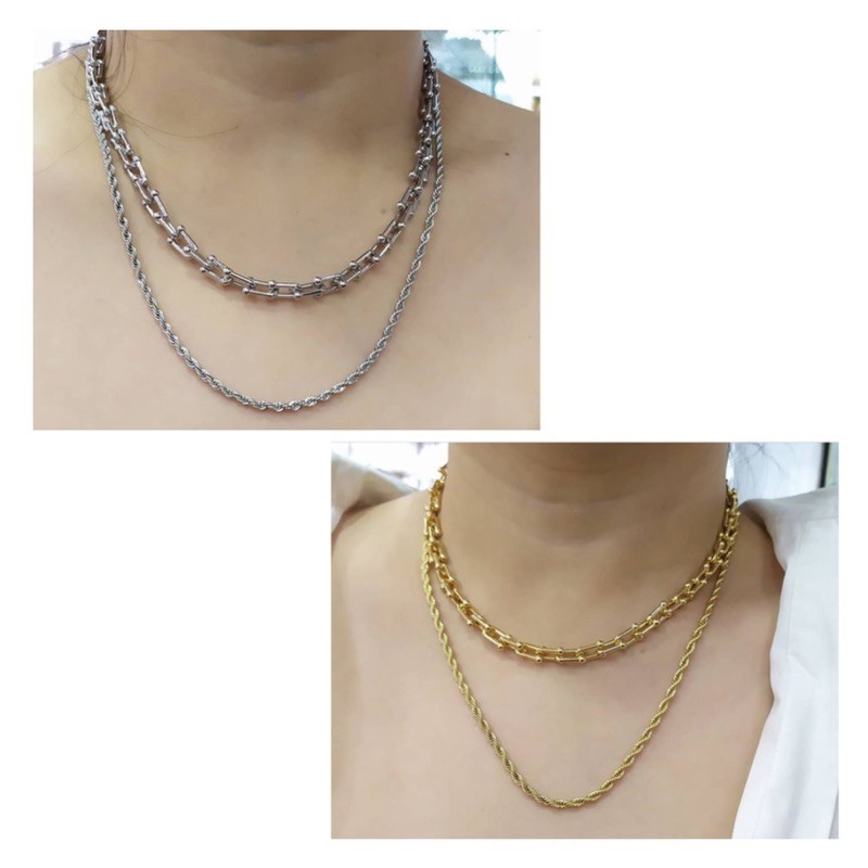 Kalung wanita fashion kombinasi 2 rantai layer warna gold & silver