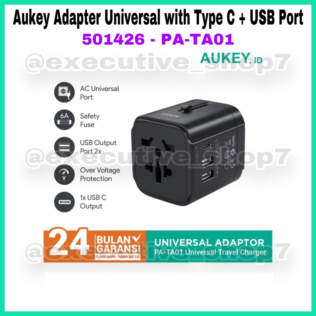 Aukey Adapter Universal PA-TA01 with Type C + USB Port - SKU : 501426 - Garansi Resmi 2 Tahun