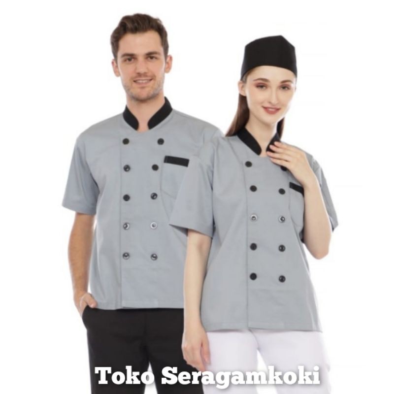 Baju chef baju koki lengan pendek kombinasi