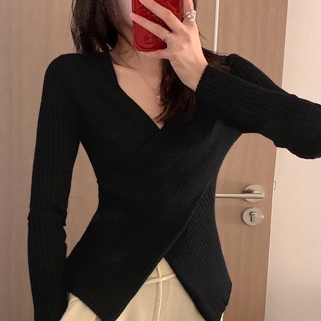 Sweater knit crop top wanita lengan panjang wanita Korea style