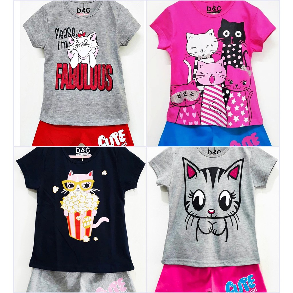 Setelan kaos anak  Perempuan  usia 1 10 tahun motif Kucing 