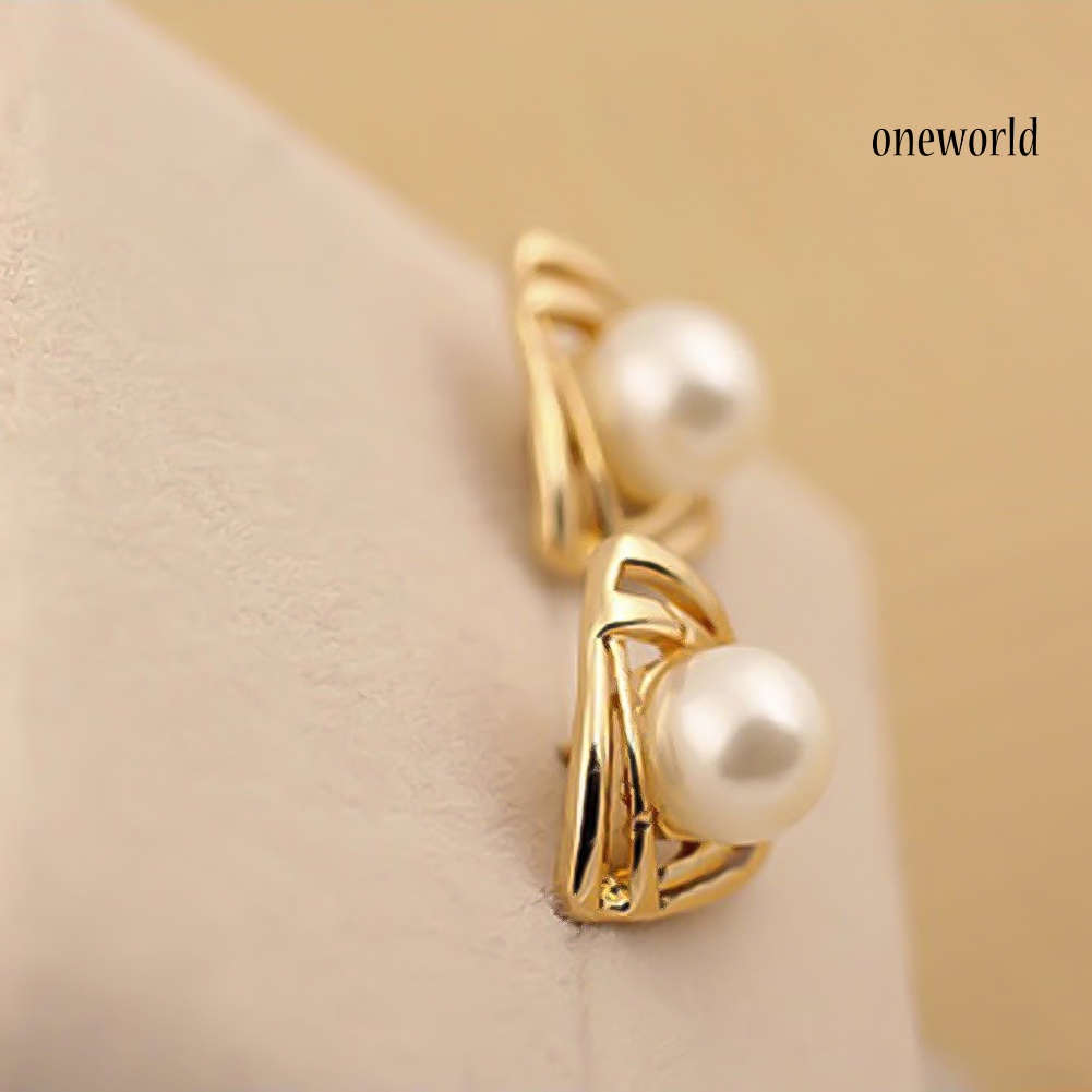 OW# Women Faux Pearl Inlaid Double Triangle Crossover Ear Stud Earrings Jewelry Gift