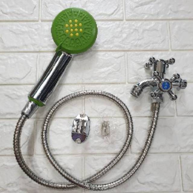 Paket MURAH ( By 1 Get 1 ) Beli Hand Shower Mandi Dapat Kran Cabang Double 2 Lobang