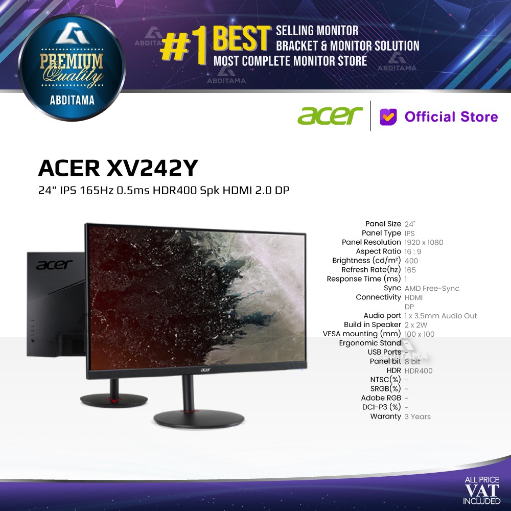 Monitor LED ACER XV242Y XV242YP 24&quot; IPS 165Hz 0.5ms HDR400 HDMI DP SPK