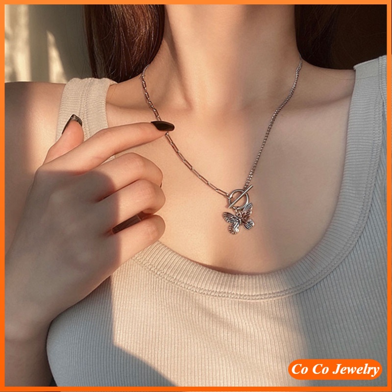 Vintage Butterfly Pendant Adjustable Necklace for Women Korean Hip Hop Titanium Steel Clavicle Chain Choker Jewelry Accessories