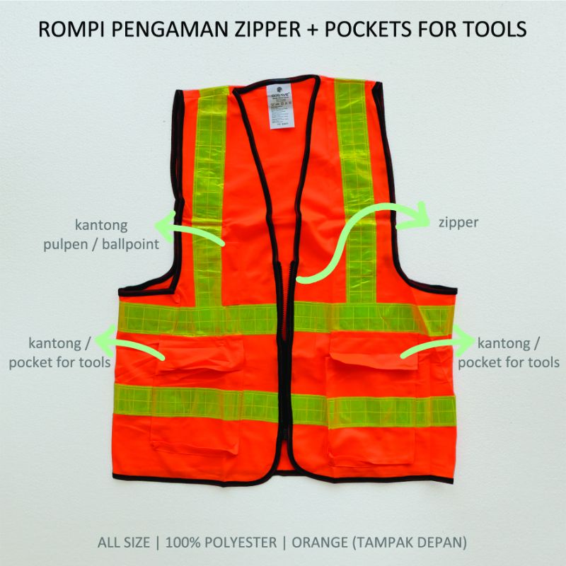 ROMPI PENGAMAN | safety vest polyester dengan zipper kantong pockets for tools mekanik