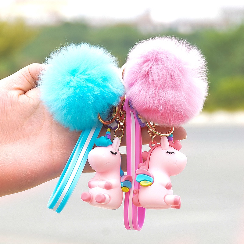 Unicorn Charms Ganci Keychain Pompom Halus Fluffy Gantungan Tas Unicorn Gantungan Kunci Unicorn
