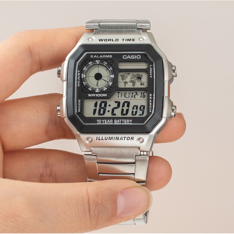 Jam tangan Casio fashion pria jam tangan elektronik retro persegi AE-1200WHD-1A