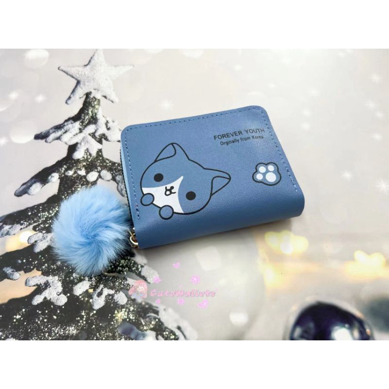 ( GS ) DOMPET WANITA / DOMPET LIPAT PENDEK WANITA MOTIF TUXEDO CAT FREE POMPOM