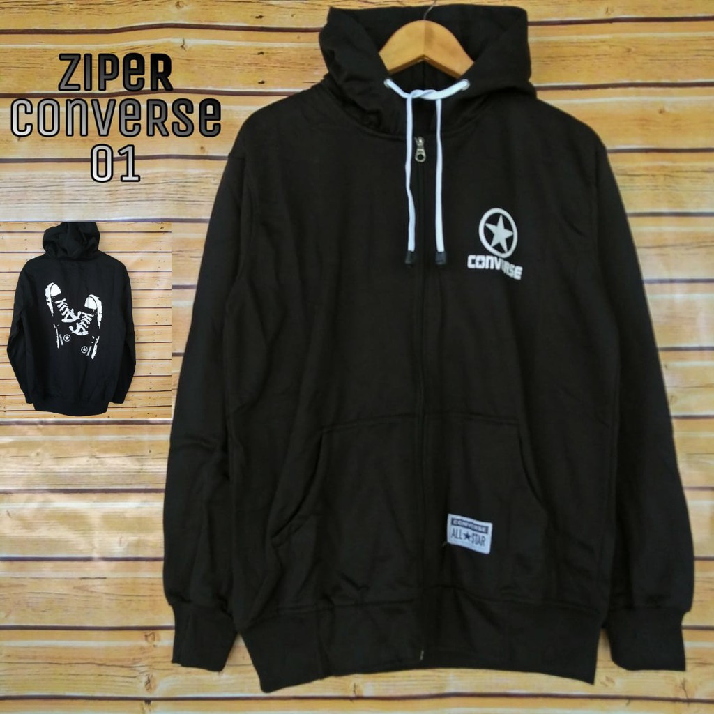 JUMPER JAKET HOODIE ZIPPER CONVERSE L ( PRIA - WANITA ) FLEECE TEBAL HALUS