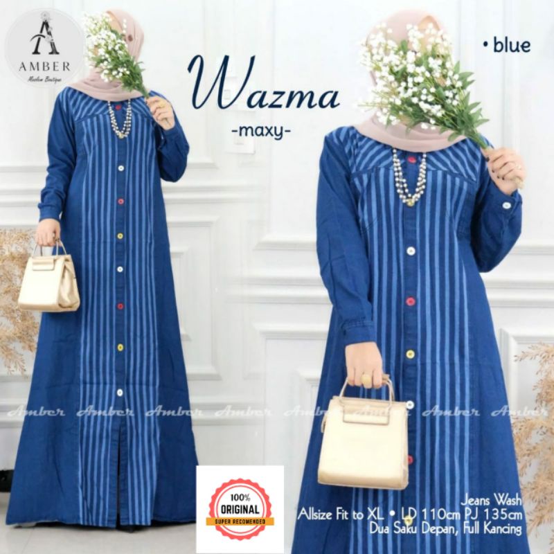 [ Terbaru ] Original Amber Gamis Muslim Motif Salur Bahan Jeans Wash HQ LD 110 Pj 135 Size Fit To XL