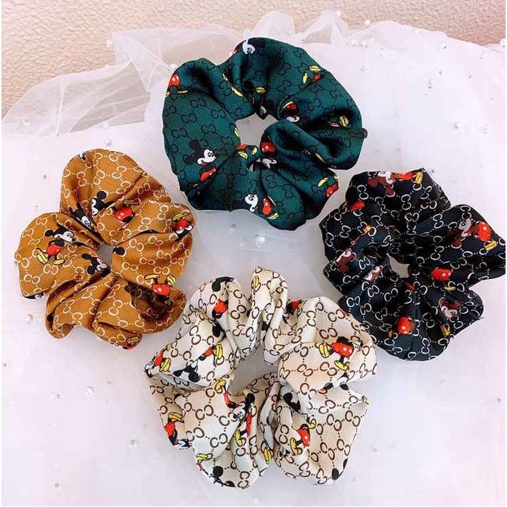 Scrunchie Import Ikat Rambut Kerut Motif Karakter Karet Rambut Bahan Satin Perancis Korea Scrunchies