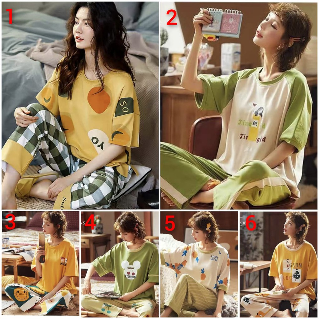 BAJU TIDUR PIYAMA PEREMPUAN CP KATUN IMPORT BERKUALITAS MOTIF KAOS LENGAN PENDEK SETELAN CELANA PANJANG WARNA CERAH CANTIK TERBARU SIZE M-XXL FIT TO 75KG