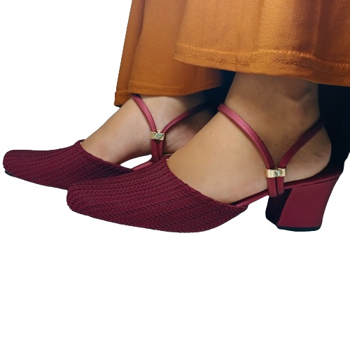 Sepatu Hak Bahan Rajut Warna Maroon S08R01B8 / Sepatu Wanita / High Heels Wanita / Heels Wanita