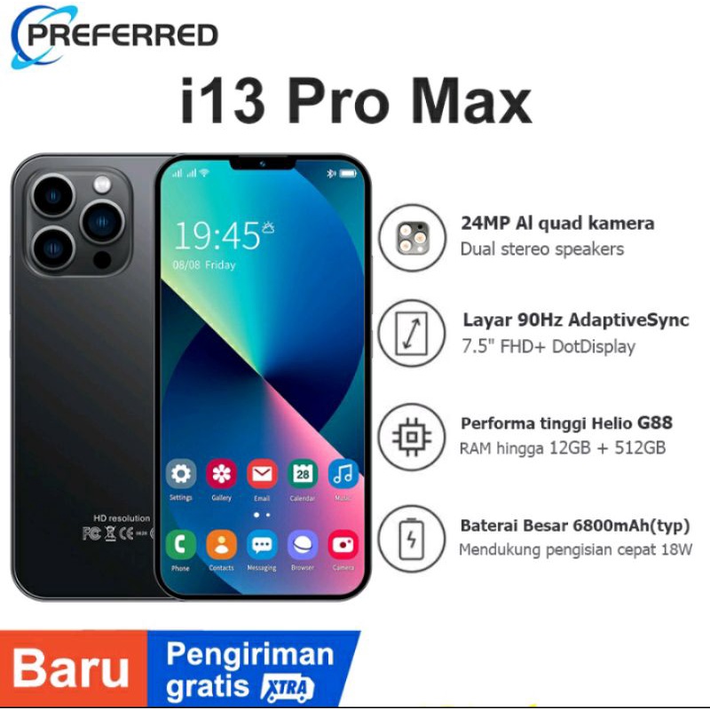 【Produk Baru HP】Ponsel Pintar Baru i13 Pro Max 7,5 inci HD Kamera Ponsel Android RAM