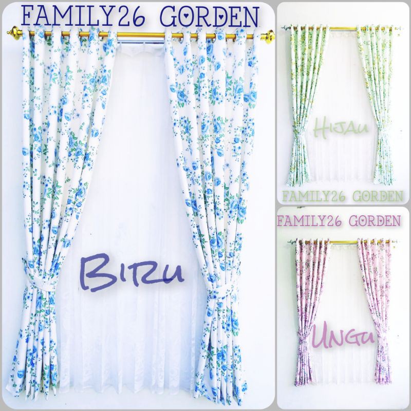 Gorden blackout pendek motif bunga panda moderen model smokring 12 lubang 6 gelombang size L140 T150