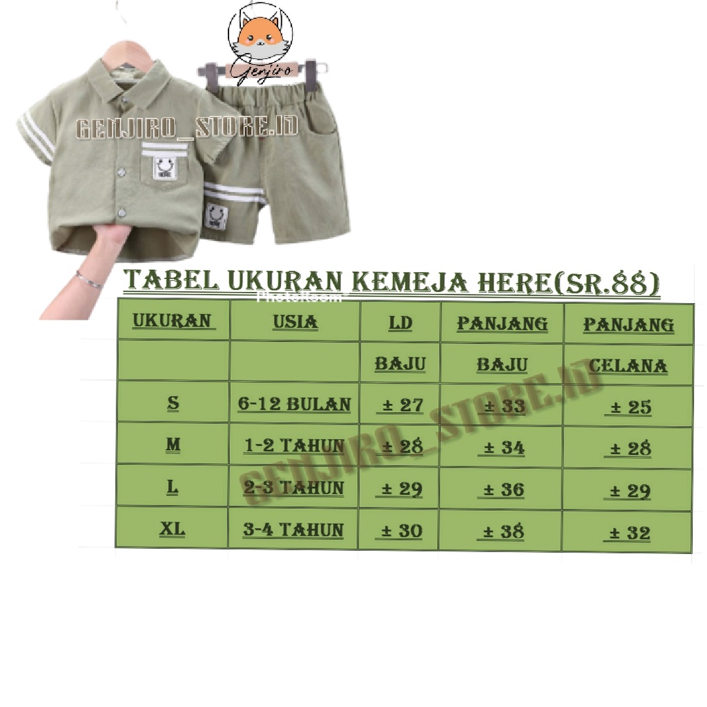 GENJIRO_STORE.ID/SETELAN ANAK LAKI LAKI/SETELAN KEMEJA HERE ANAK LAKI LAKI/KEMEJA TANGAN PENDEK CELANA PENDEK/SABLON SMILE HERE/UNTUK ANAK USIA 3 BULAN - 4 TAHUN/ BISA COD