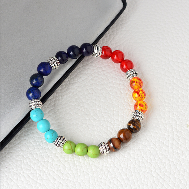 Unisex 7 Chakra Natural  Stone Beads Bracelet / Stress Relief Healing Chakra Yoga Bracelet /  Colourful  Lucky Prayer Beaded Bracelet