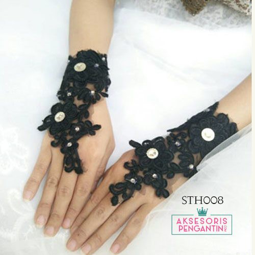 [STOCK TERBATAS] AKSESORIS PENGANTIN SARUNG TANGAN RENDA LACE FINGERLESS HITAM STH008