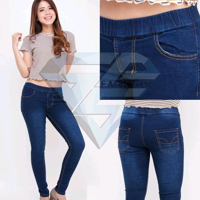 Celana Jegging Jeans Wanita Pinggang Karet Biru Dongker
