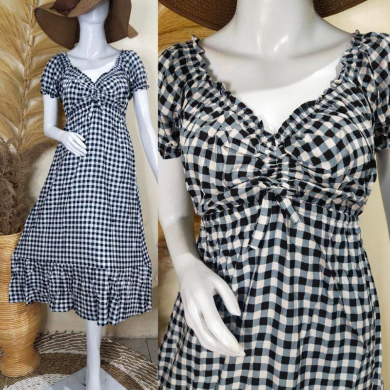 Daster motif kotak kotak serut dada rok rampel bahan rayon