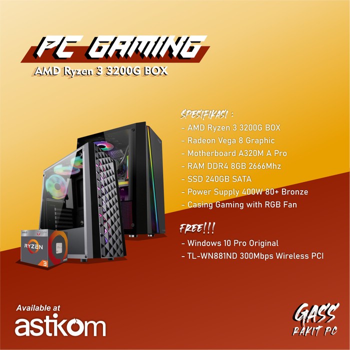 Rakitan PC Gaming AMD Ryzen 3 3200G RAM 8GB Komputer Gaming