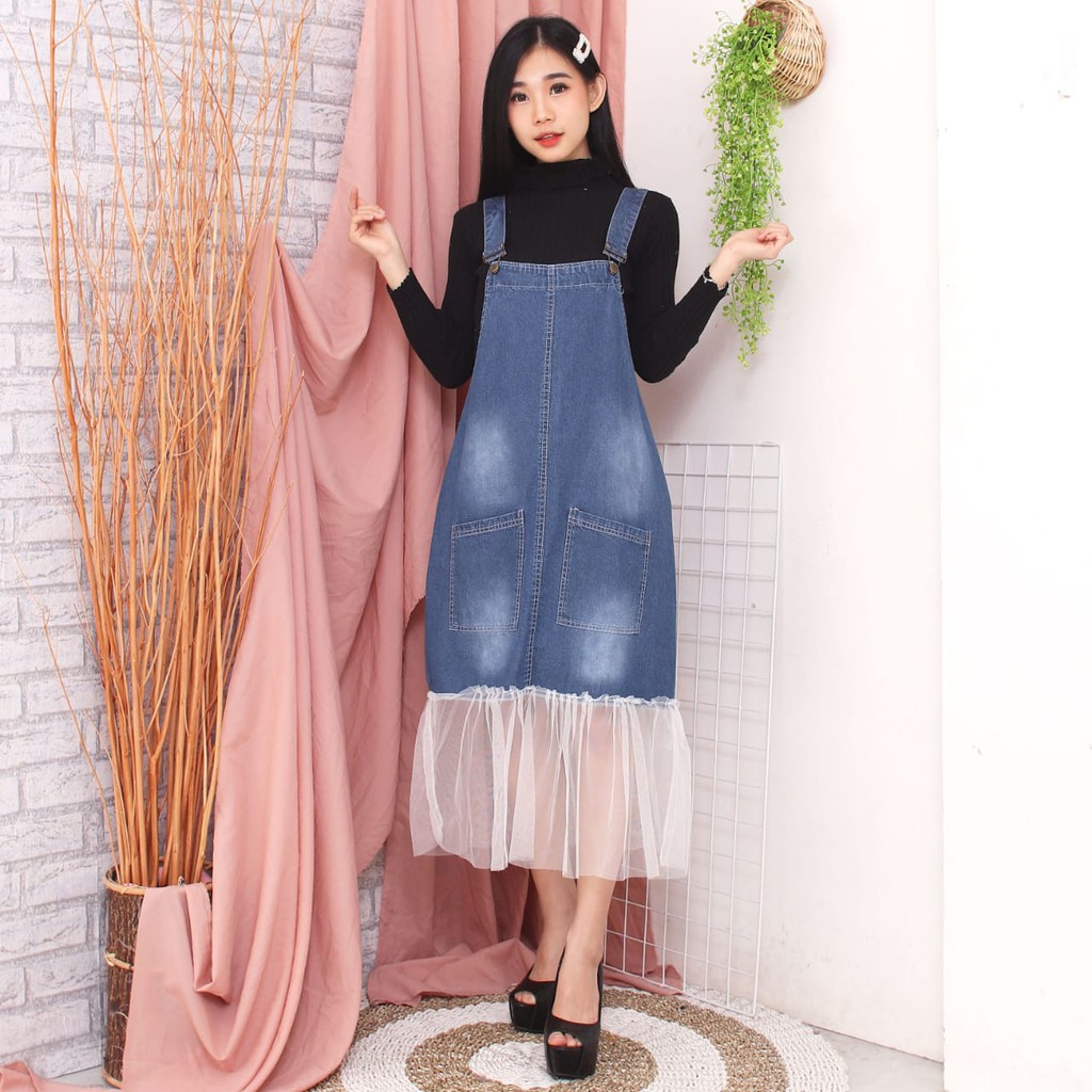 DRESS JEANS WANITA MIDI OVERALL KOMBINASI TILE