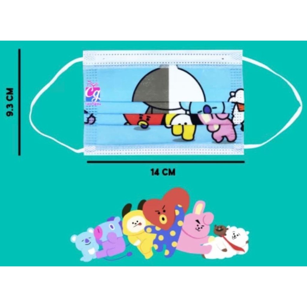 MASKER ANAK 3 PLY KARAKTER BTS BT21 HIJAB / EARLOOP / HEADLOOP MASK 10 PCS