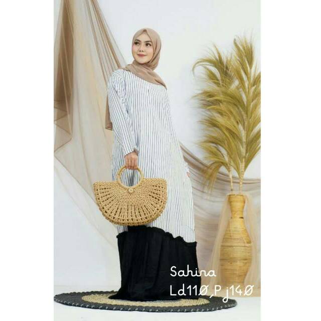 Gamis Katun Modern dan Kekinian Motif Polkadot Mix Salur Kantong Samping Monokrom Hitam Putih