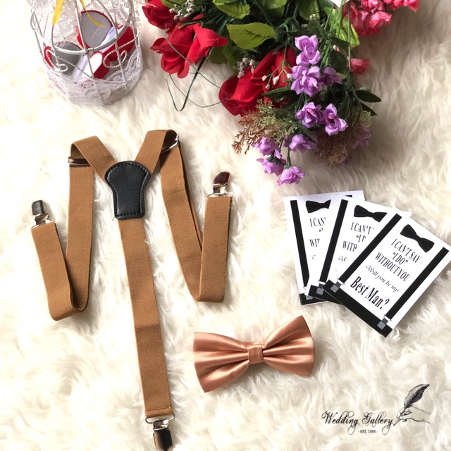 Suspender bretel kopi susu coklat dan dasi kupu bowtie coklat susu ready stok