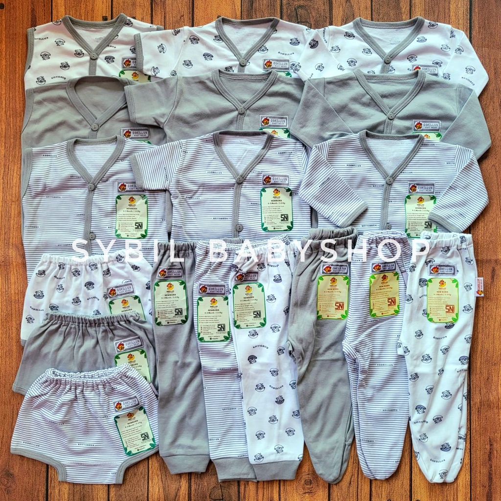 FLUFFY Paket Original Lengkap Baju Bayi (0-3 Bln) Perlengkapan Baru Lahir & Kado Bayi SNI-GORILUX GREY