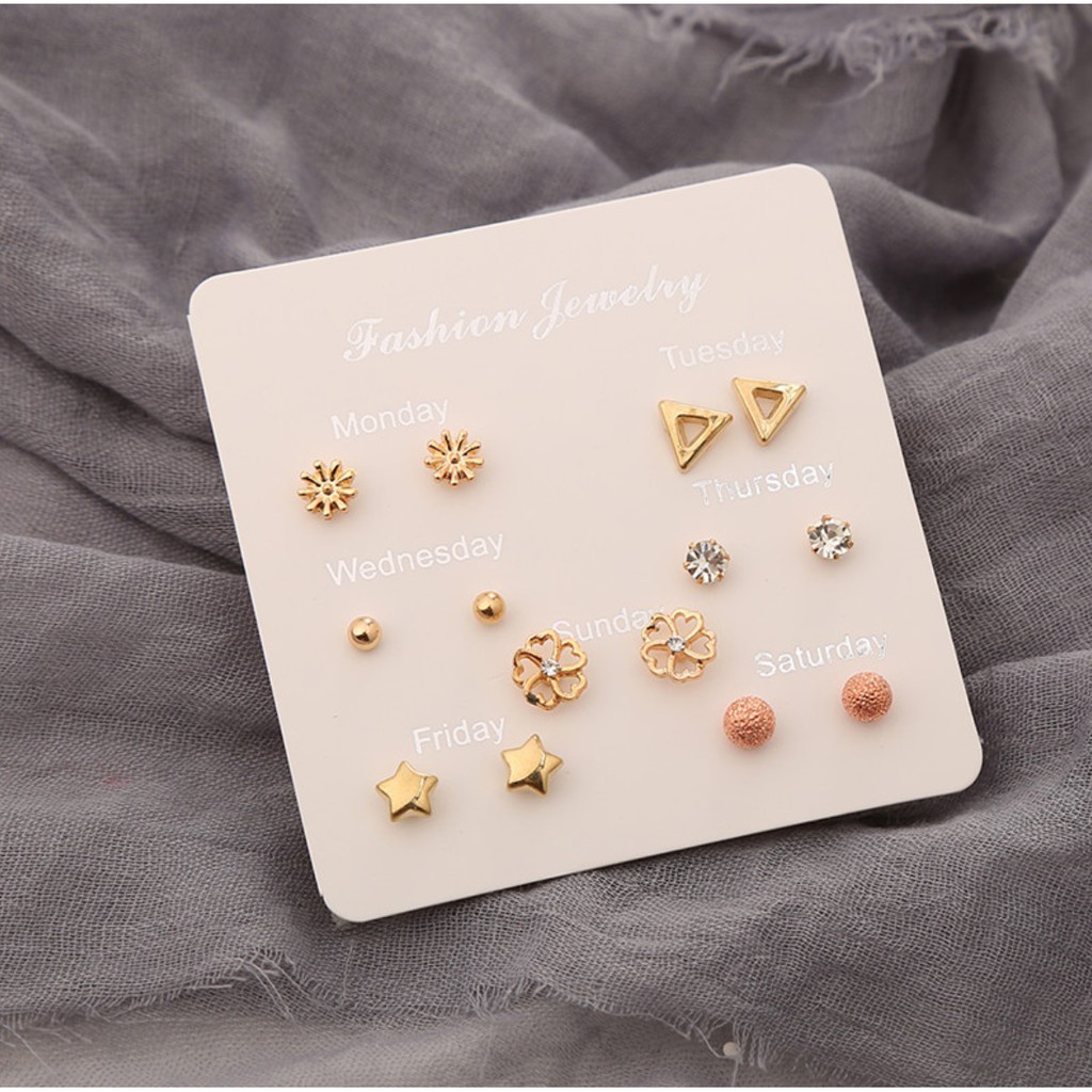 7 Pasang Anting Tindik Tusuk Set #1 1 Satu Minggu Week Ins Korea Fashion Plug Earrings Korean Style