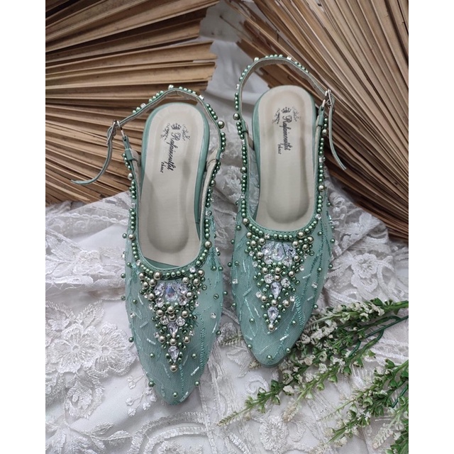 sepatu wanita wedding  kiyarisa sage green 7cm kaca