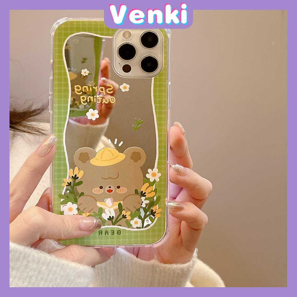 iPhone Case Acrylic Mirror Airbag Shock Resistant Big Hole Camera Protection Green Flower Bear Compatible For iPhone 11 iPhone 13 Pro Max iPhone 12 Pro Max iPhone 7 Plus