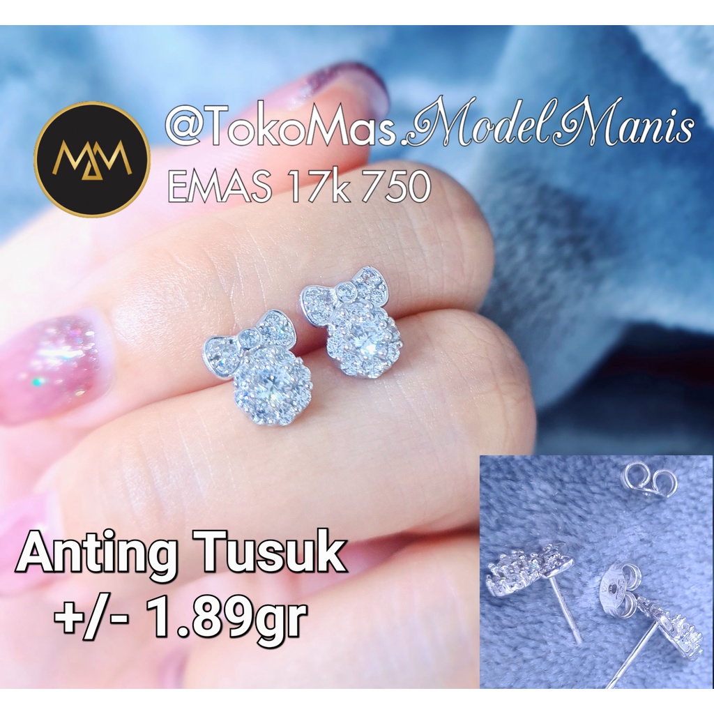 Anting tusuk pita Bulat emas putih 750 kadar 17k